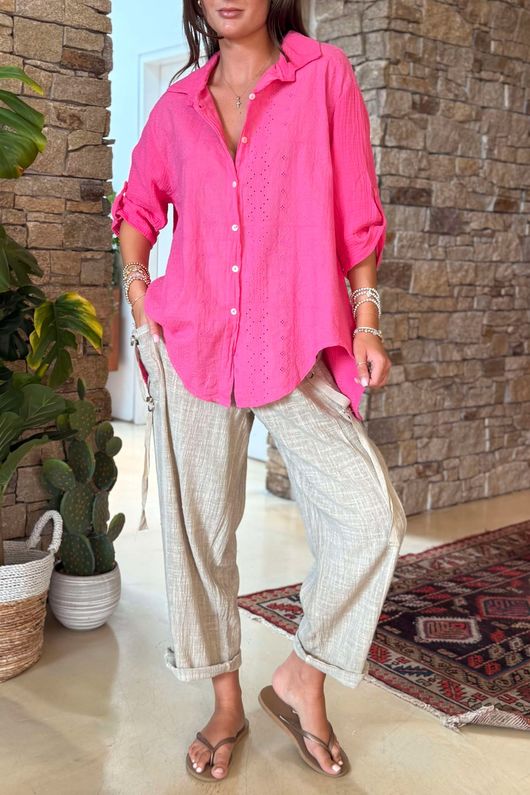 Made in Italy Pia Pillow Cotton Embroidered Tile Classic Shirt Flamingo /16 